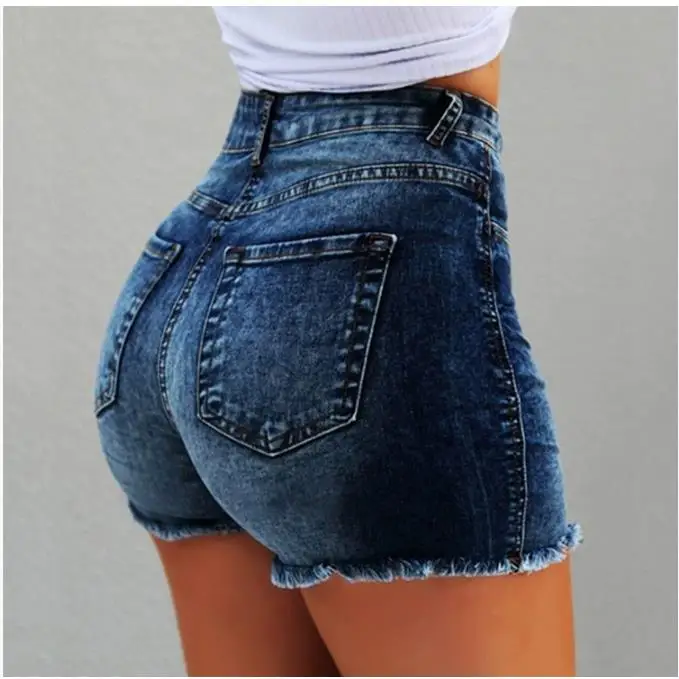 

High Waist Denim Shorts Women's Spring Summer Fashion Frayed Hem Torn Hole Elastic Waistband Cross-Border New 2025 Design