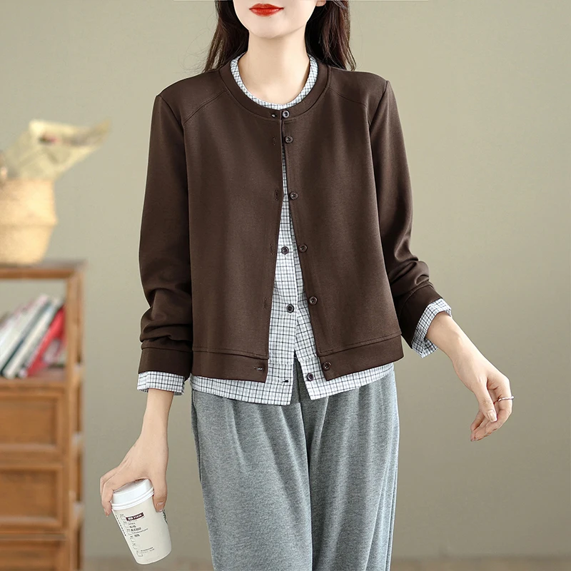 

Корейское вязаное пальто в клетку в клетку, повседневный круглый топ Ne, женский антивозрастной универсальный волокно из смеси полиэстера