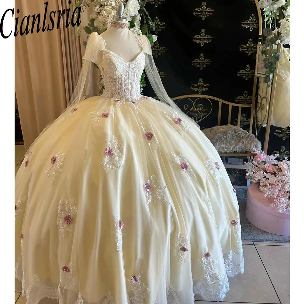 

Ivory Champagne Illusion Off The Shoulder Ball Gown Quinceanera Dresses 3D Flowers Appliques Lace Corset Vestidos De 15 Años