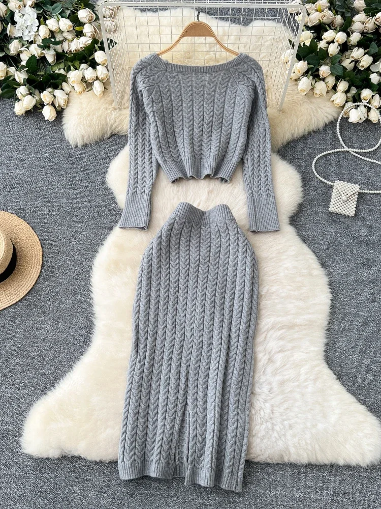 Autumn Winter Warm Knitting 2pcs Set Women Long Sleeve O Neck Short Top+Elastic Waist Skirt Autumn Senior Sexy Sweater Suits New