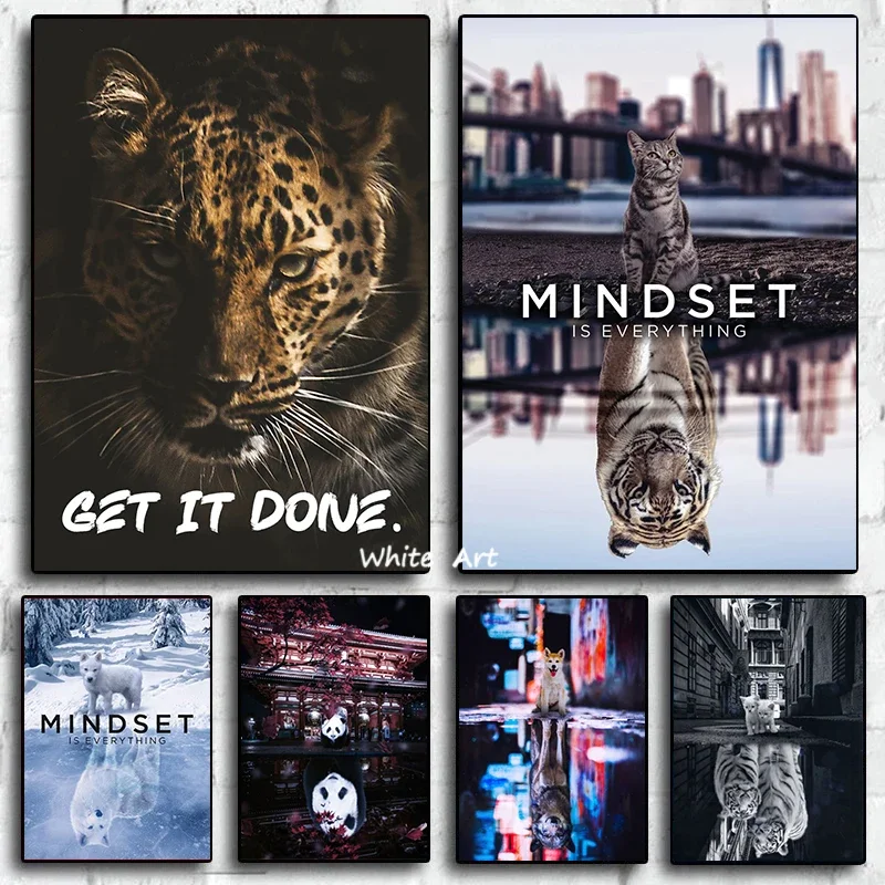 

Животное Тигр Леопард Картина на холсте вдохновляющий постер Mindset Is All HD Печать настенные картины для гостиной офиса Декор