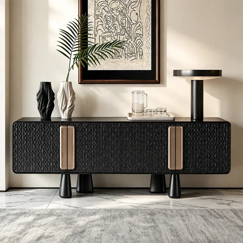 Italian Light Luxury Solid Wood Dining Side Cabinet for Living Room Villa High End Storage Medieval Handmade Hammer Pattern