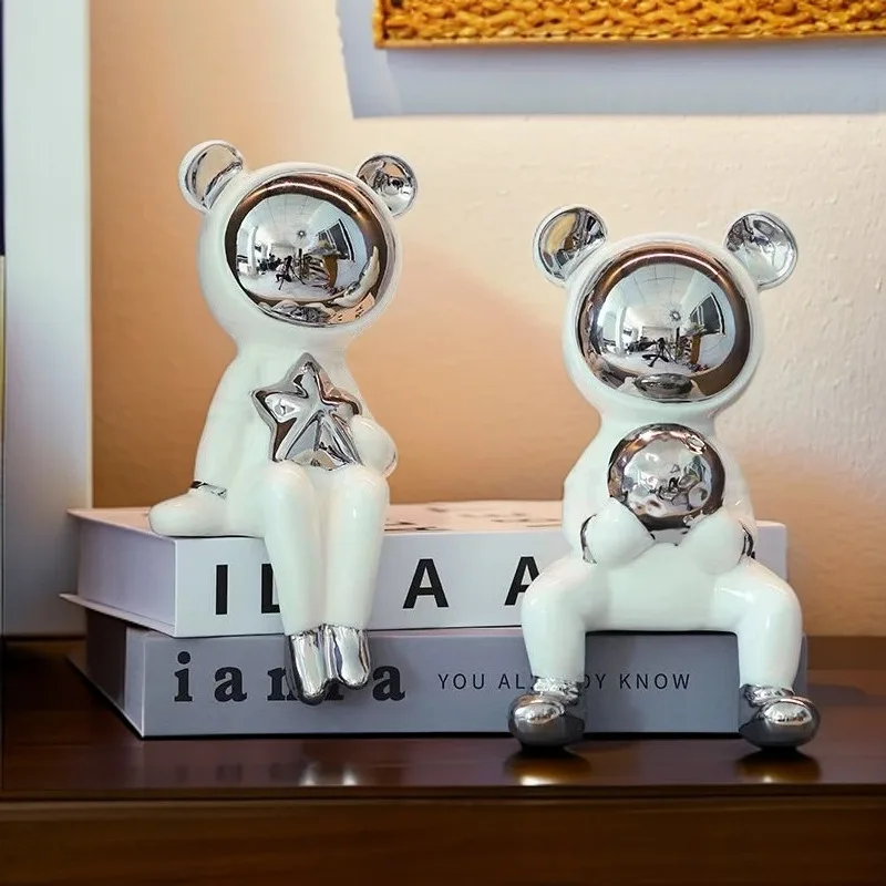 Creative Ceramic Couple Sitting Statue Sun Moon Astronaut Art Bookends Living Room Home Decor Ornaments