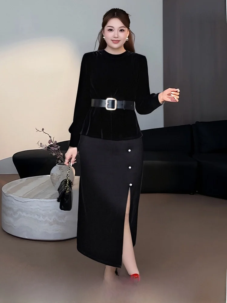 

Комплект из черной бархатной блузки с круглым вырезом и асимметричной юбки больших размеров для женщин: весенняя модная верхняя одежда с высокой талией и поясом