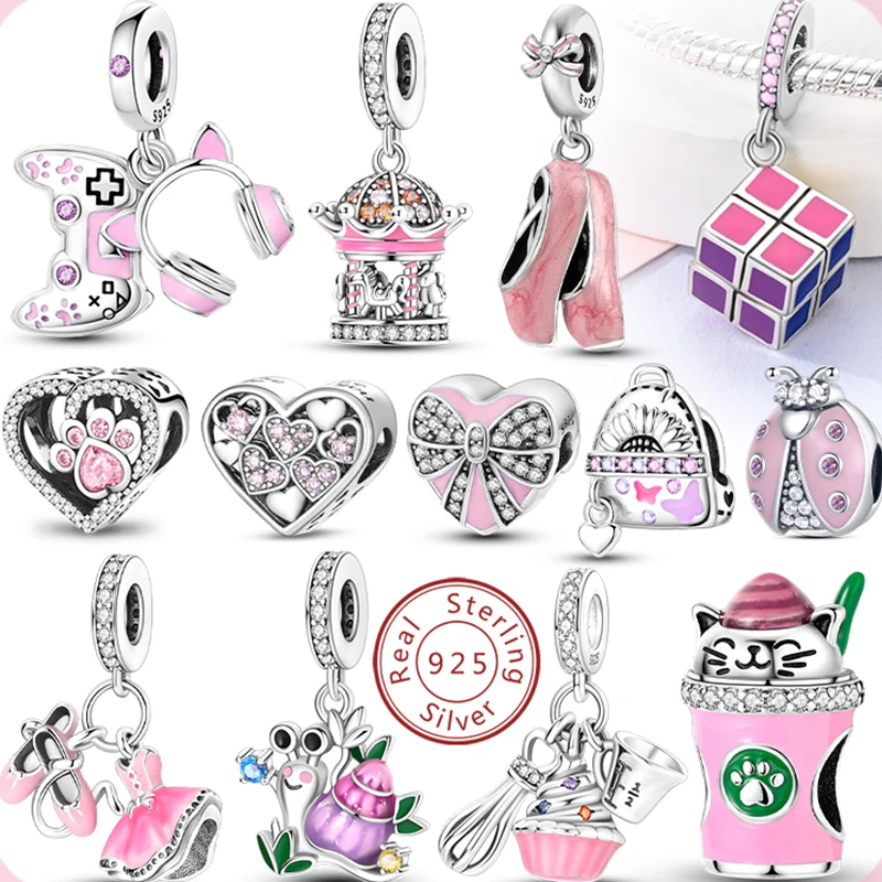 New IN 925 Sterling Silver Charms Beads Love Heart Pink Charm Bead Pendant Fit Original Pandora Bracelets DIY Jewelry Women Gift