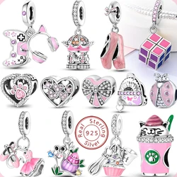 New IN 925 Sterling Silver Charms Beads Love Heart Pink Charm Bead Pendant Fit Original Bracelets DIY Jewelry Women Gift