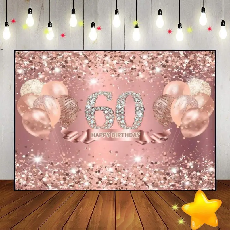 Happy 55/60th Birthday Background for Photography Black and Gold Photocall Lantern Photo Rose Flowers Smash Cake Sweet Backdrop