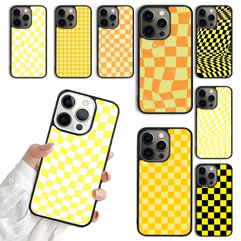 Checkerboard Pattern Mustard Yellow Phone Case For iPhone 16 15 14 plus 11 12 13 Pro  XR XS Max coque Cover Shell