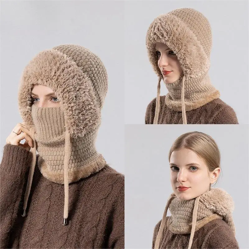 Pullover Hat, Mask, Scarf, Integrated Hat, One-piece Hat, Women's Outdoor Riding, Plush Warm Knitted Wool Hat