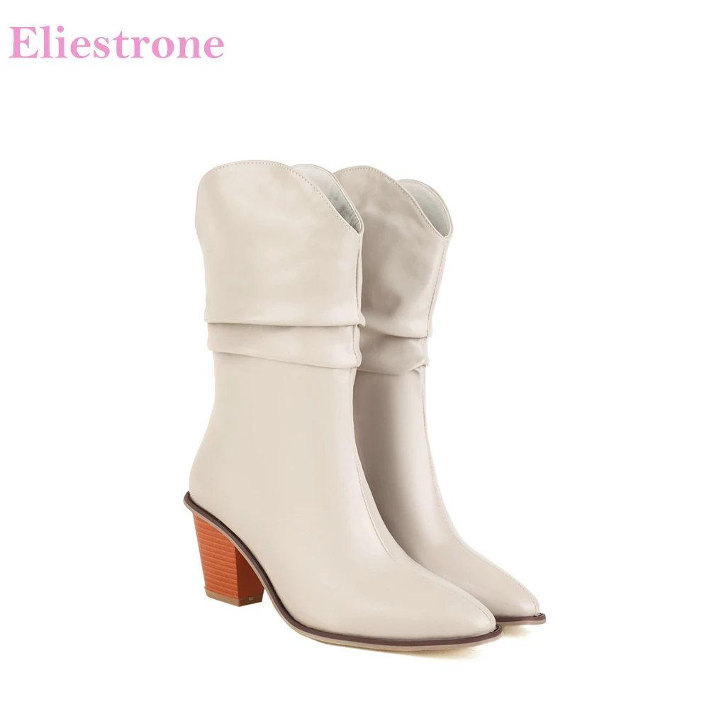 

2025 New Winter Mature Beige Black Women Mid Calf Boots Riding High Sqaure Heel Lady Shoes Plus Small Big Size 10 33 42 45 48