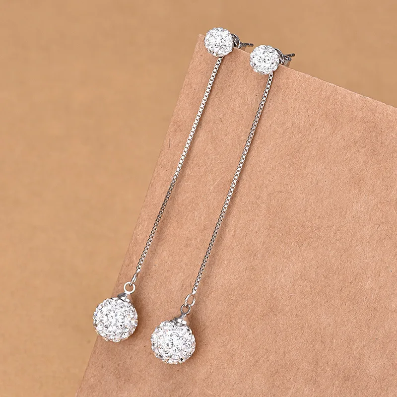 925 Sterling Silver Stylish Simple Shambhala Diamond Ball Tassel Long Earrings Birthday Party Anniversary Gift