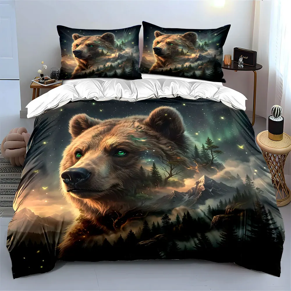 Mystical Fusion of Bear and Forest Printed Duvet Cover Set 1 Duvet Cover+2 Pillowcase Multi Size Bedroom Bedding Decoration