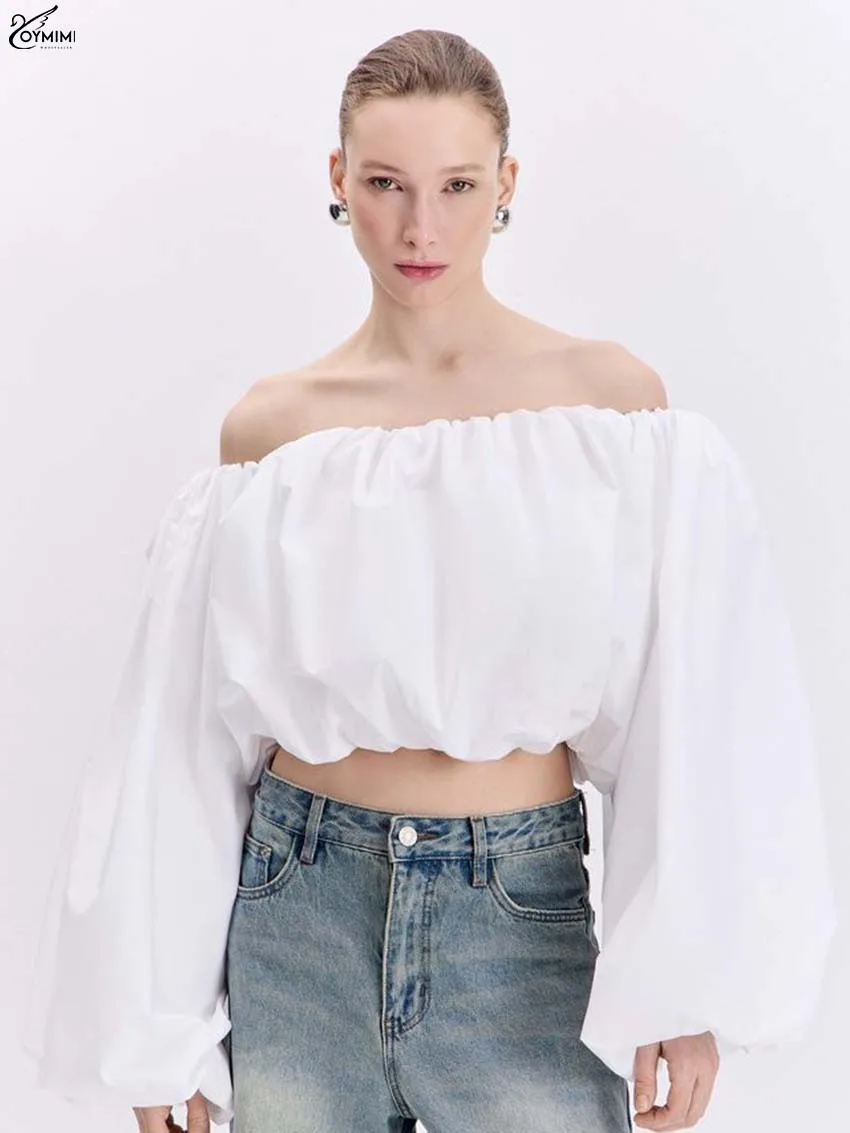 Oymimi, blusas elegantes de algodón blanco para mujer, blusas holgadas sin tirantes con mangas abullonadas a la moda, Tops cortos lisos para otoño, ropa femenina