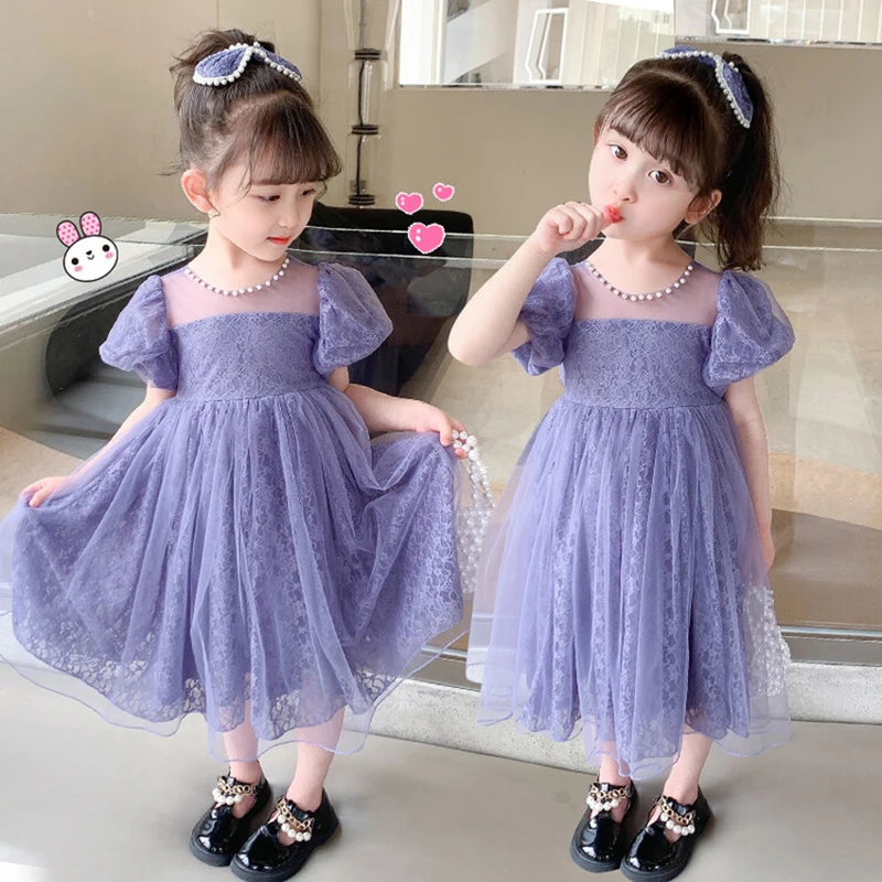 New Summer Princess Girls Dress Big Bow Multilayer Lace Mesh Party Dress For Girl Pearl Neckline Semi Transparent Custom Clothes