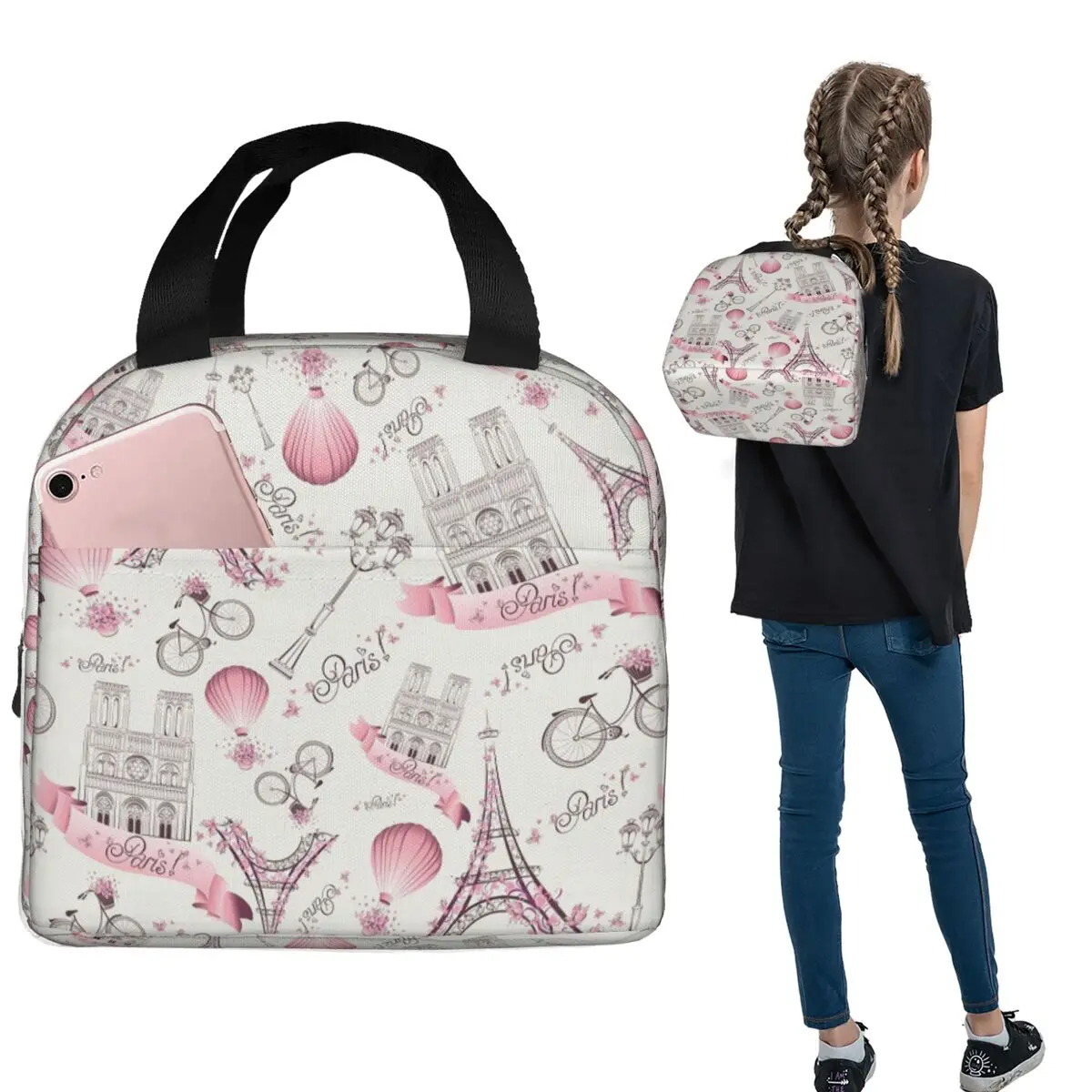 

Romantic Paris Eiffel Tower Design Insulated Lunch Bag for Women Kids Leakproof Food Boxes Thermal Lunch Box Tote