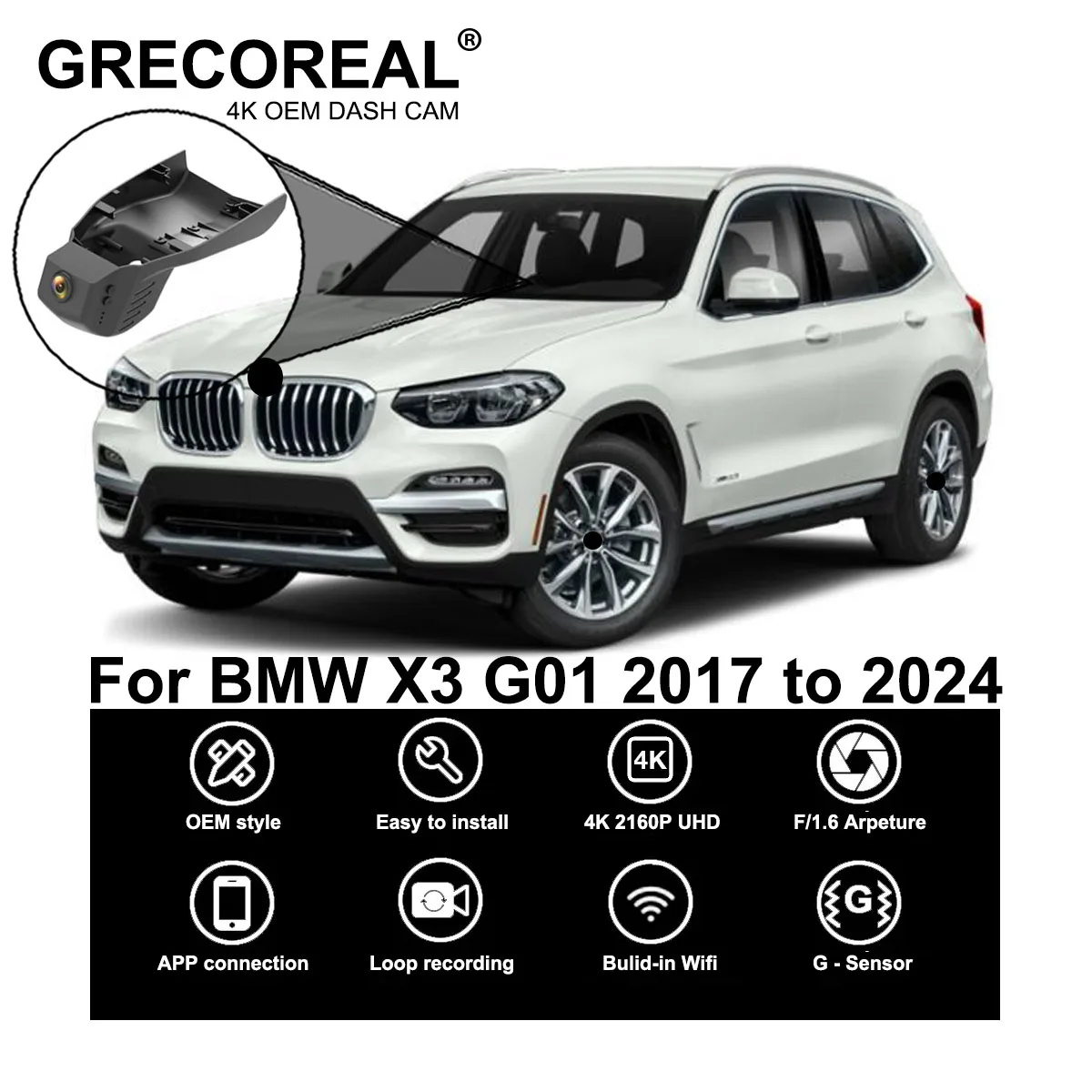 

GRECOREAL 4K Dash Cam Front and Rear 2160P WiFi Car Dual Dashcam APP Control Easy Install Plug Play Compatible with BMW X3 G01