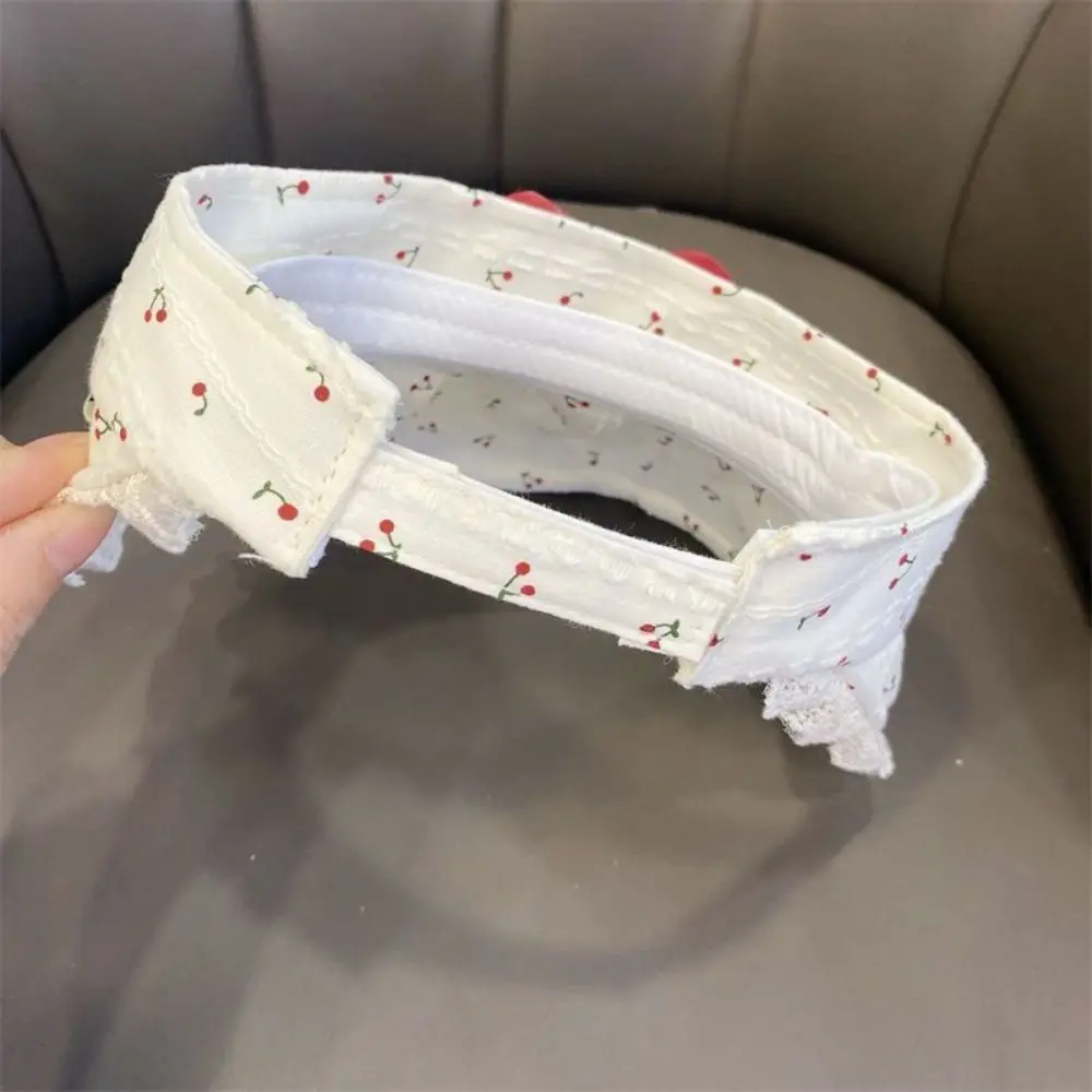 Lace Trim Sun Visor Hat Adjustable Breathable Large Brim Sun Visor Hat Cherry Print Red Bowknot Empty Top Sun Hat Summer Season
