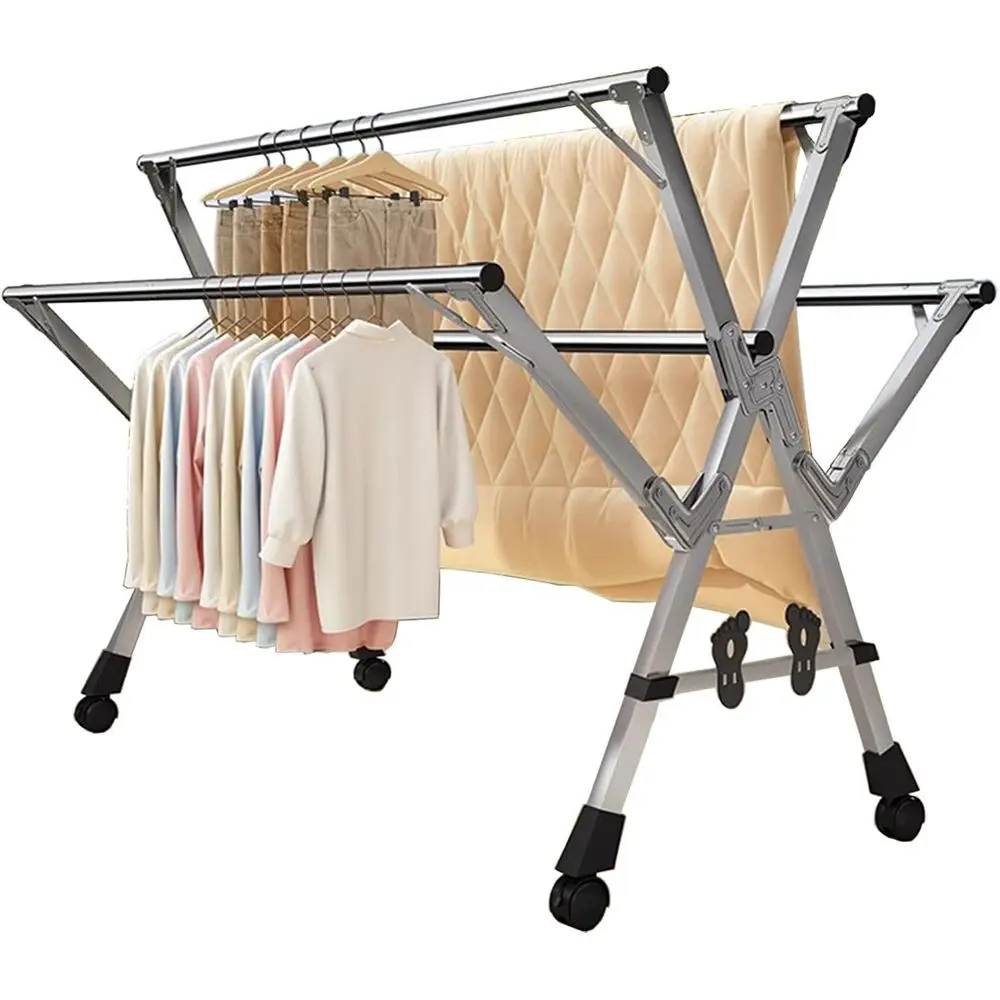 

Прочная стальная складная сушилка для внутреннего и наружного использования, регулируемая с 20 крючками и 12 зажимами, ширина 120–160 см.