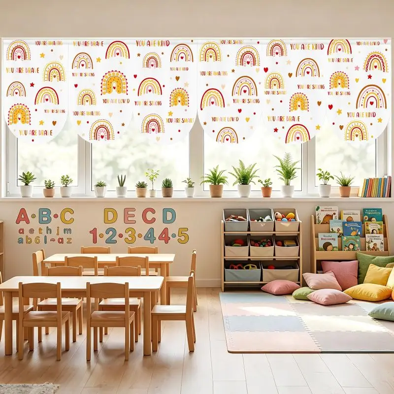 VIKAMA Boho Rainbow Positive Affirmation Window Valance Fabric Curtain Kindergarten Kids Room Classroom Decor