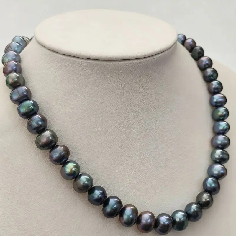 

Glossy Natural AAAAA 9-10mm REAL Tahitian black pearl necklace 14kp GOLD 18 inch