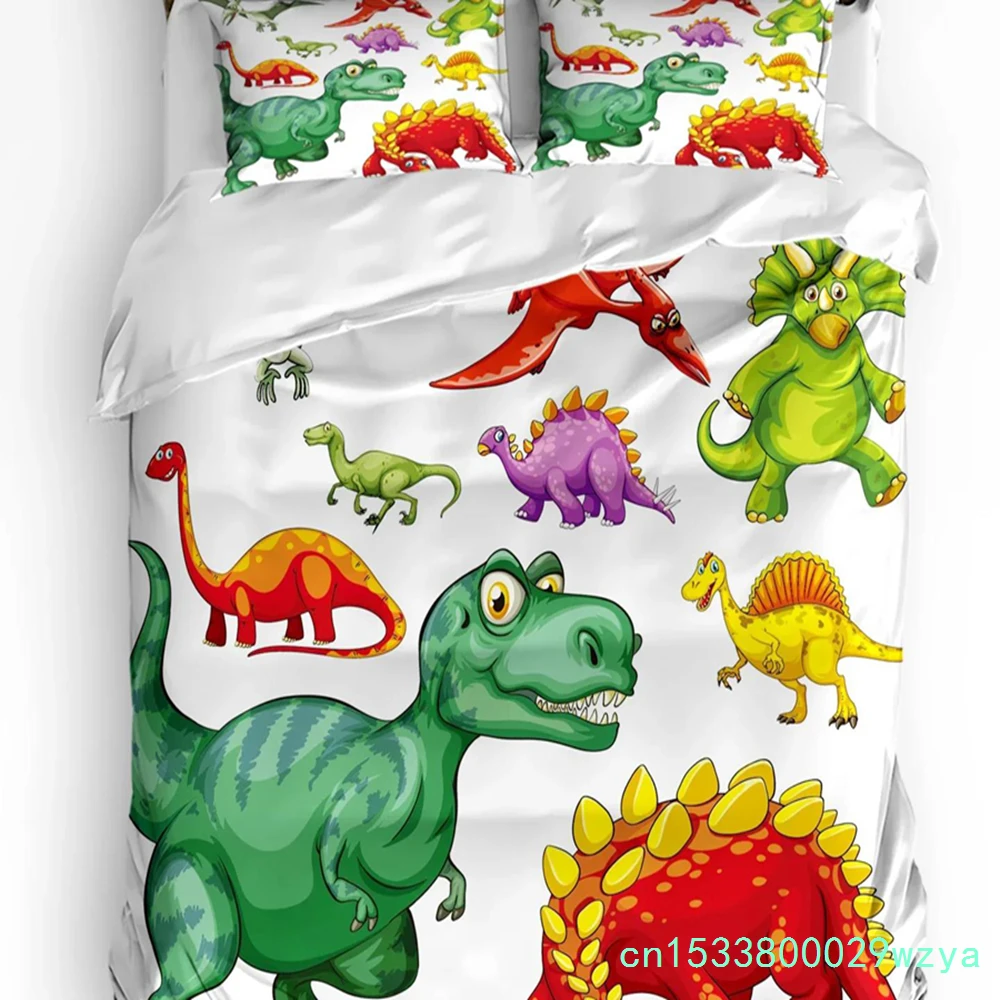 Kawaii Dinosaur Cartoon White Bedding Set 3pcs Duvet Cover Pillowcase Kids Adult Quilt Cover Double Bed Set Home Textile