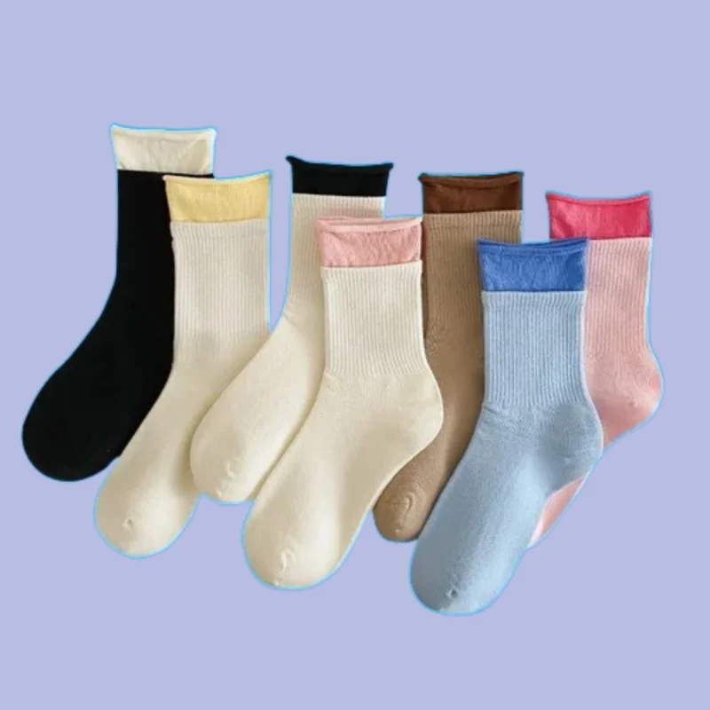 3/6 Pairs Korean Trendy Socks Double Cuff Socks Women's Fake Socks Two-piece Japanese Color Matching 2024 New Middle-tube Socks