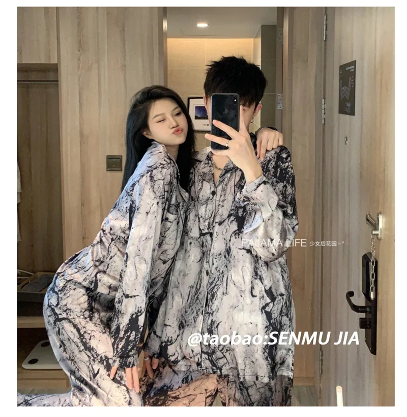 High Grade Ink Splashed Landscape Painting Couple Pajamas With Ice Silk 2024 Spring And Autumn Long Sleeved Home Clothing Set