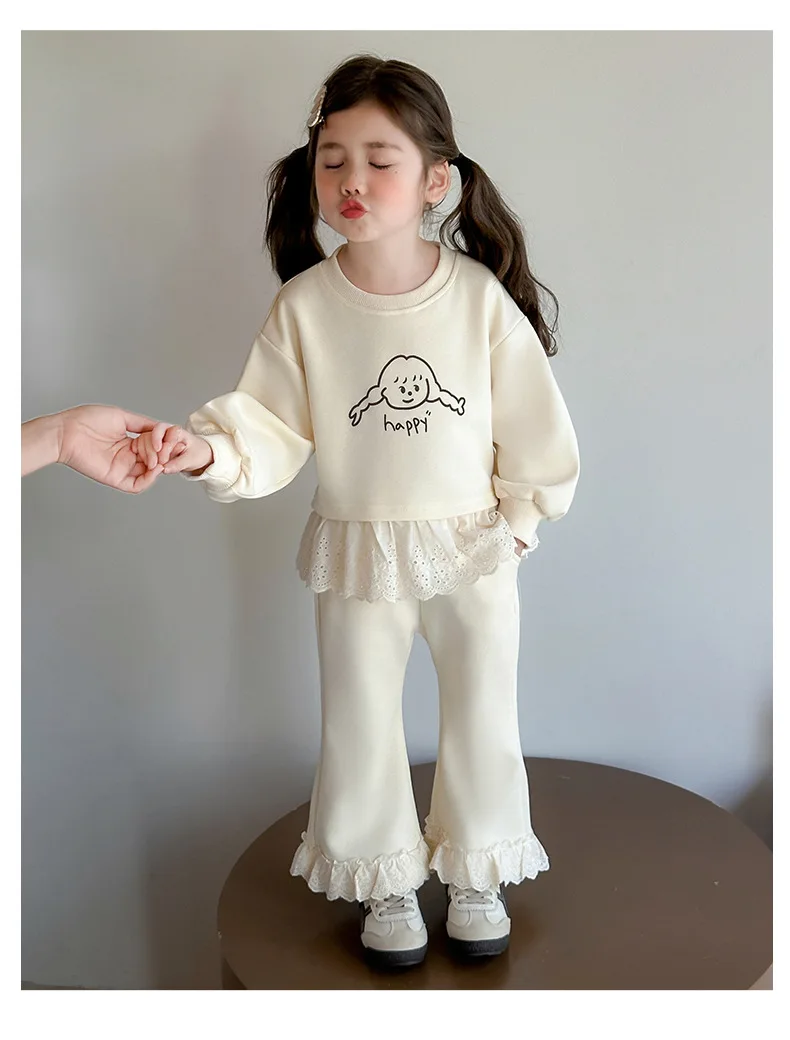 Neue Herbst-Kinderkleidung, süßes Sweatshirt-Outfit für Babymädchen, Spitze, lange Ärmel, Cartoon-Print-Oberteil + Hose, 2-teiliges Set – Detail 6