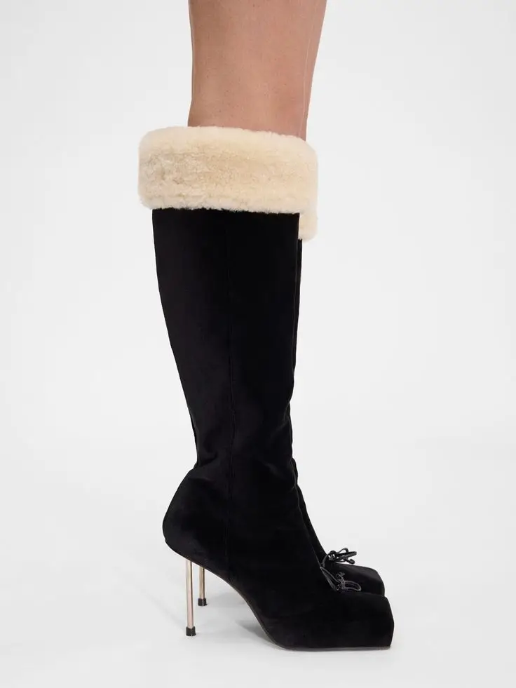 Autumn/Winter Women Black Suede White Fur Knee High Boots Stiletto Square Toe Bowknot Invisible Side Zipper Fashion Long Boots