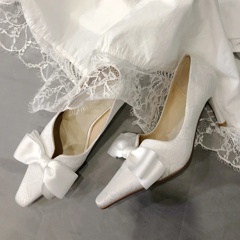 Ladies Sexy Stiletto Heel Bowknot Wedding Shoes Bride Thin High Heels White Pumps Women 2022 Square Toe Dress Party Shoes