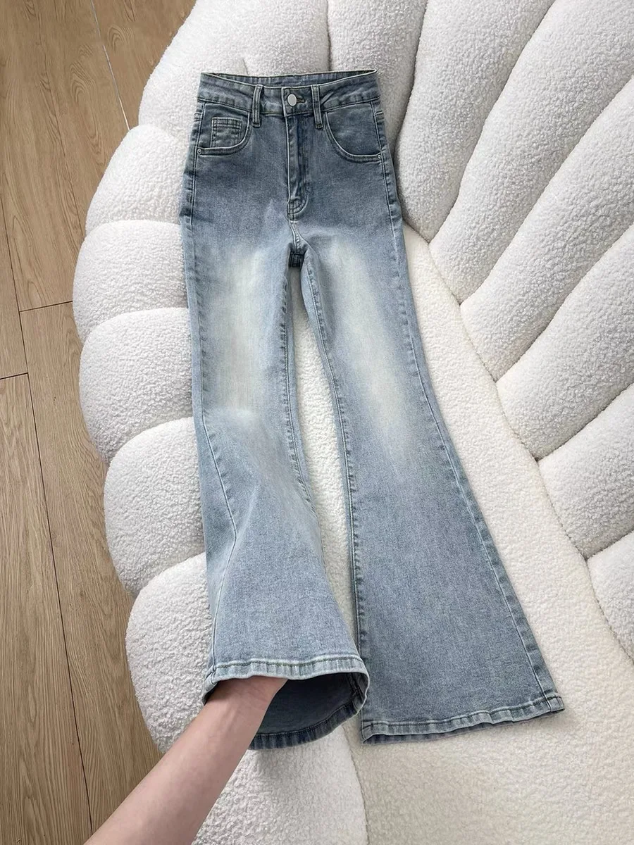 Light Blue High Waist Bell Bottom Jeans Women's Spring Autumn New Small Size Slimming Long Pants Drag Floor American Style