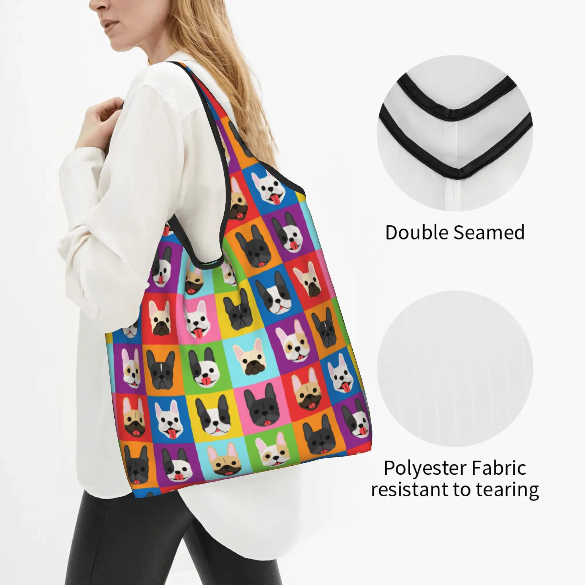 Custom Pop Art Style French Bulldog Faces Shopping Bags  Portable Big Capacity Grocery Frenchies Dog Pet Gift Tote Shopper Bags