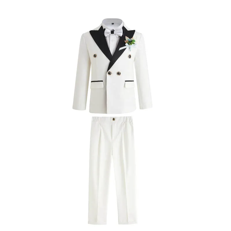 

Flower Boys Ceremony Costume Kids Birthday Wedding Dress Children White Baptism Jacket Pants Bowtie Flower 4PCS Photography Suit