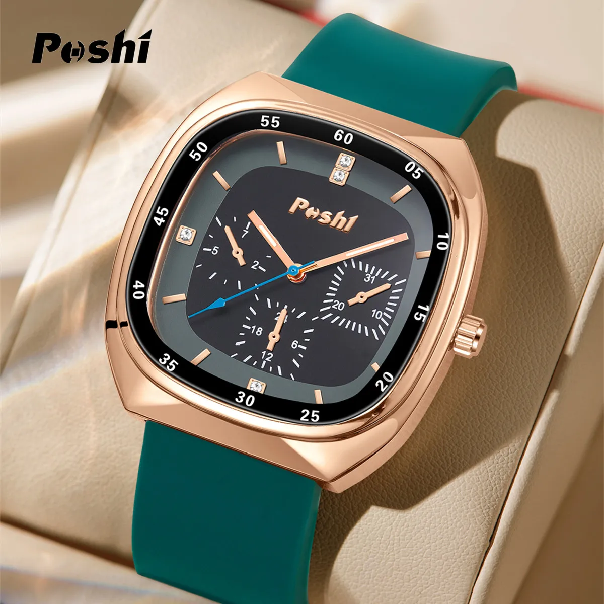 POSHI Fashion Watch for Women Square Quartz Wrist Watches Soft Silicone Strap Green Color Casual Ladies Bracelet Gift