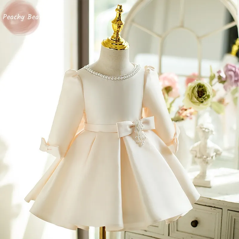 

Платье принцессы с жемчугом для новорожденных девочек, платье с длинным рукавом и бантом для новорожденных, одежда для свадьбы, вечеринки, дня рождения, 12 мес.-14 лет