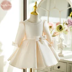 Newborn Girl Princess Pearl Dress Long Sleeve Infant Toddler Child Bow Vestido Wedding Party Birthday Baby Clothes 12M-14Y