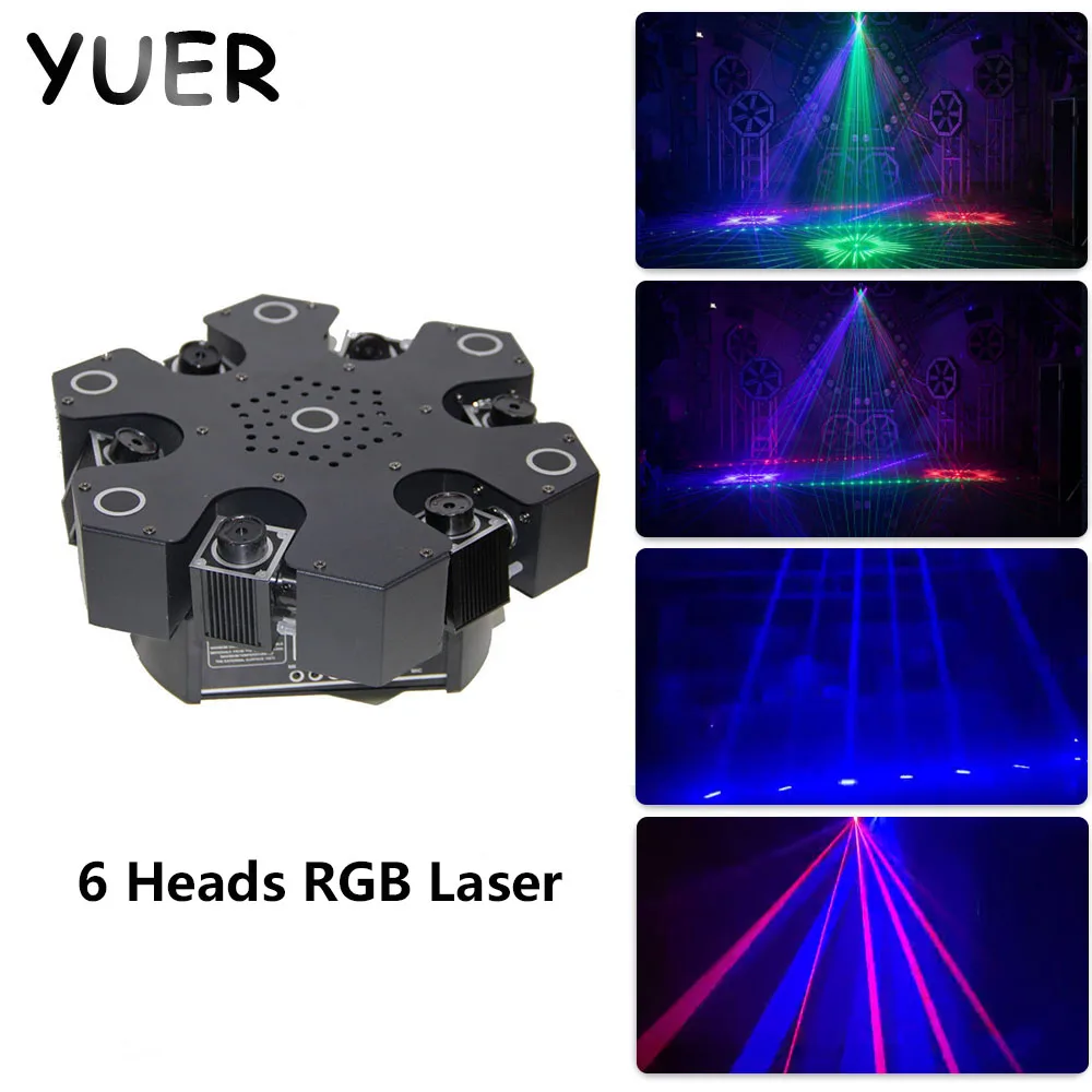 RGB 6 Heads Moving Laser stage Light DMX512 Sound Control Projector Disco DJ Unlimited Rotating Scanning Effect Ambience Lamp