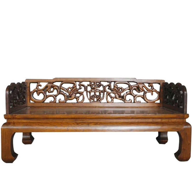 Chinese Furniture Luohan Bed Classical Ming and Qing Dynasty BD090 Old Elm Carved Dragon Antique Solid Wood Luohan Bed