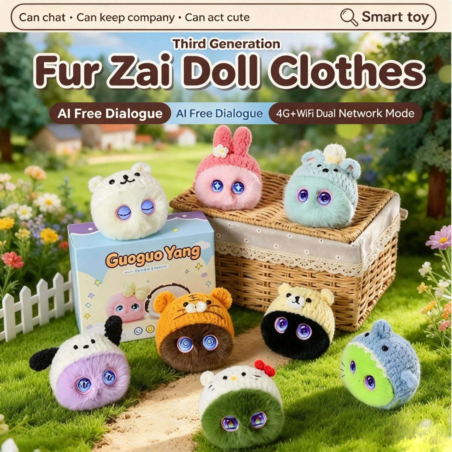 Third Gen 4G & WiFi AI Plush Elf Toy, Interactive Talking Smart Doll with Changeable Eyes, Guoguo Yang, Cute Dress-up Character
