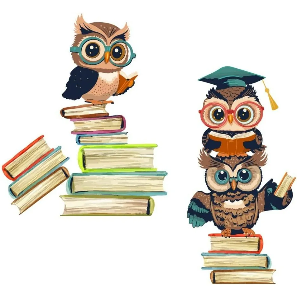 Reading Theme Wall Decal Academic Owl Wall Sticker Owl Books Peel and Stick Art Decoration for Classroom Kid's Library Wall