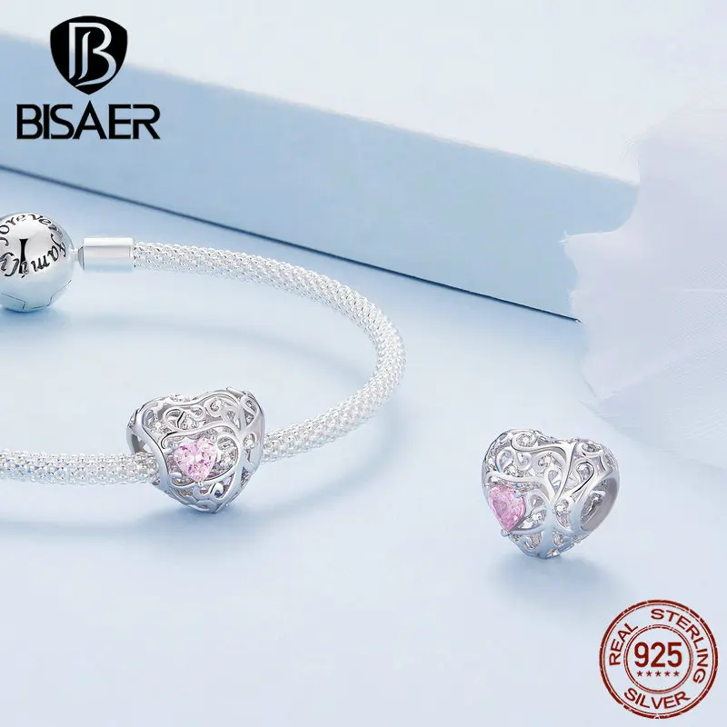 BISAER 925 Sterling Silver Pink Series Charm Heart Safety Chain Bead Pendant Fit Bracelets Mother\'s Day Lovers Fine Jewelry Gift