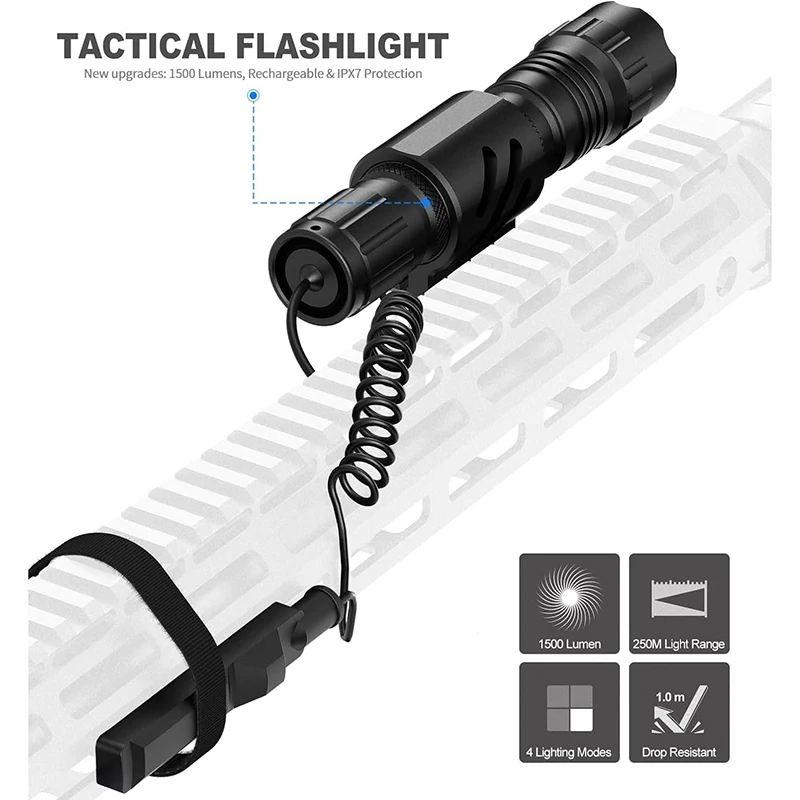 MDGRWY 1500 Lumen LED Tactical Flashlight Rechargeable 4 Modes Weapon Light Picatinny Rail Flashlight Included Pressure Switch