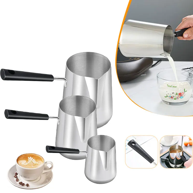 Long Handle Turkish Coffee Pot with Pouring Spout Stainless Steel Milk Butter Warmer Pot Stovetop Chocolate Melting Pan