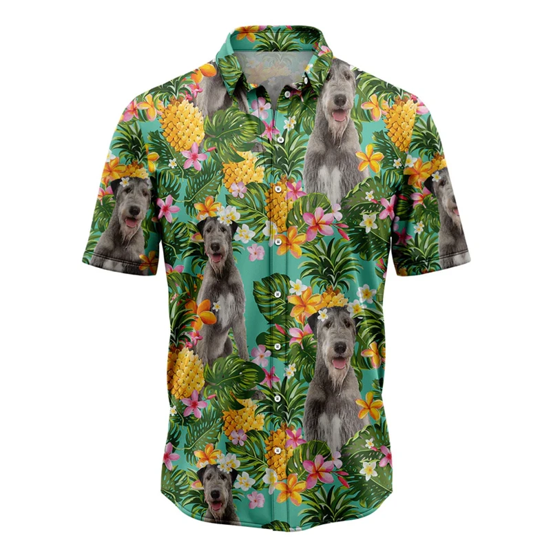 

Tropical Pineapple Dog Pattern Hawaiian Shirts Summer Casual Dog Lover 3D Printed Blouse Loose Breathable Lapel Button Shirt