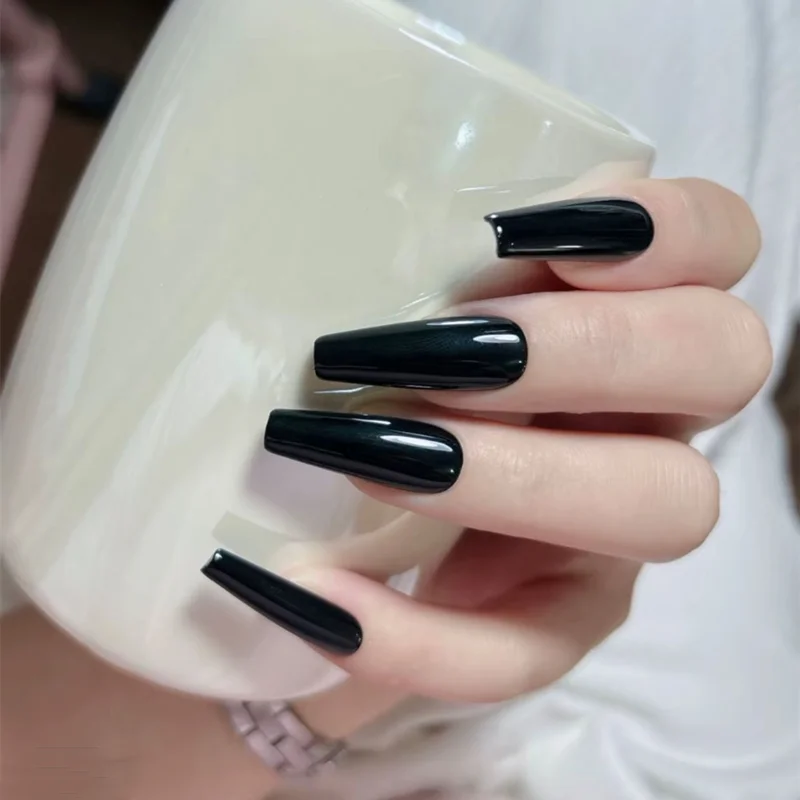 10Pcs Black Handmade Flase Nails Press On Reusable DIY Manicure Fake Nail Dark Full Cover Medium Length Coffin Press On Square