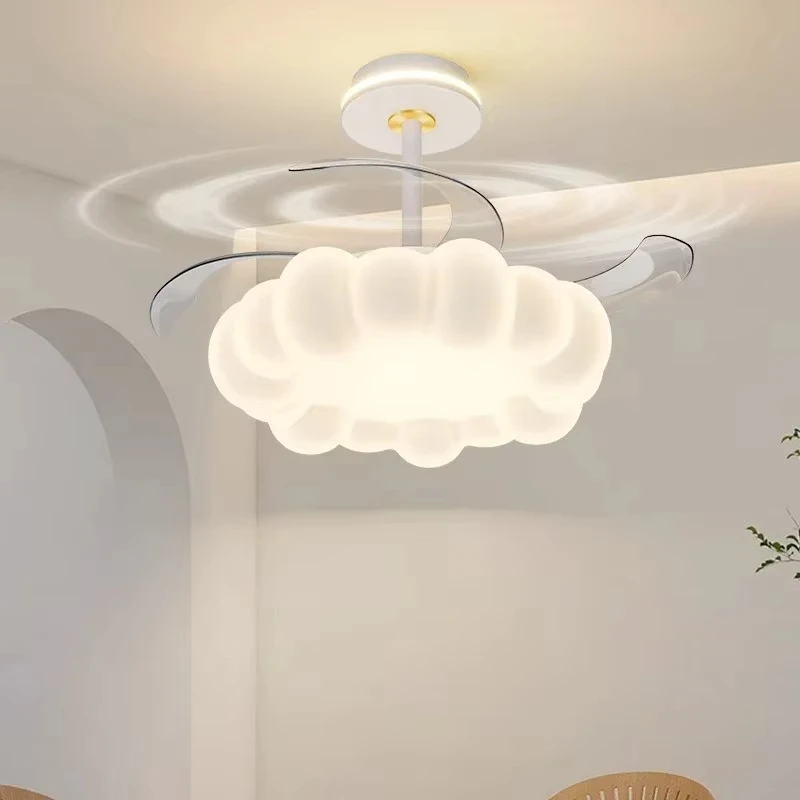 White Pumpkin Flower Cloud Ceiling Light With Fan for Children Bedroom Modern Dimmable Led Lamp Living Room
