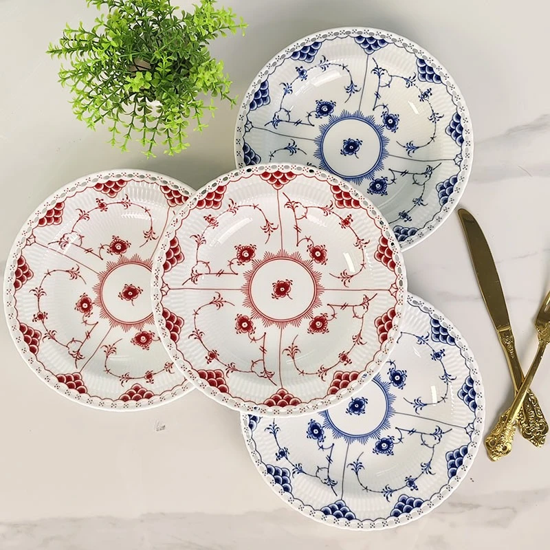 Exquisite Bone China 9-Inch Soup Plate Blue Flower Lace Ruby Red Lace Household Tableware Plate