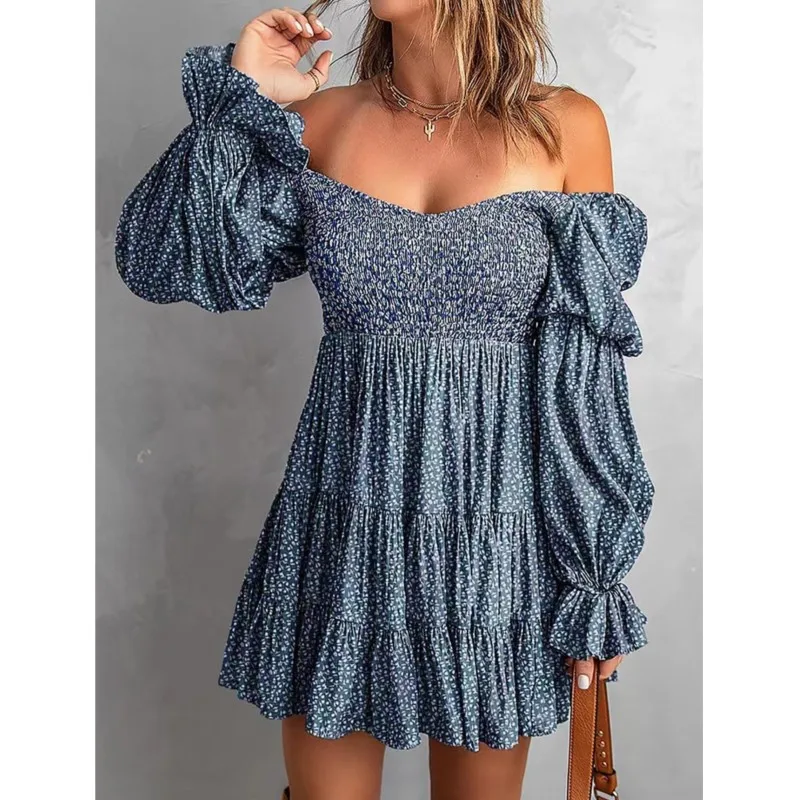 Elegant Vacation  Floral Print Dress Fashion Sexy Boat Neck Off Shoulder Frock Flare Sleeve Slash Neck Dress Autumn Streetwear