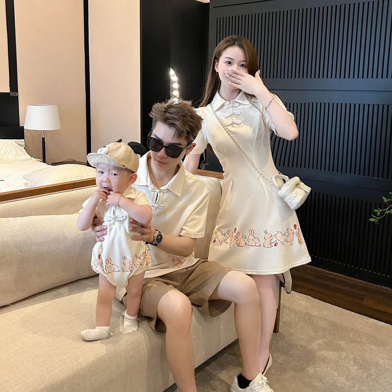 2023 Summer Family Clothes Matching Mommy and Baby Matching Dress Like Mother Like Daughter Rabbit Dresses Father and Son Shirt