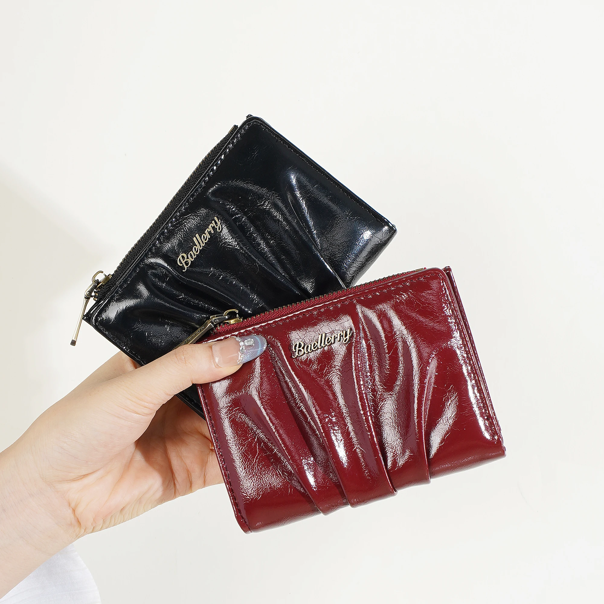 1 Stück Retro Plissierte Glänzende Öl-Wachs-PU Damen-Kurzgeldbörse, Doppelt Faltbare Schnappgeldbörse, Reißverschluss-Münzfach + Ausweisfenster, Geeignet für Outdoor-Dates, Geschenk für Frauen – Detail 14